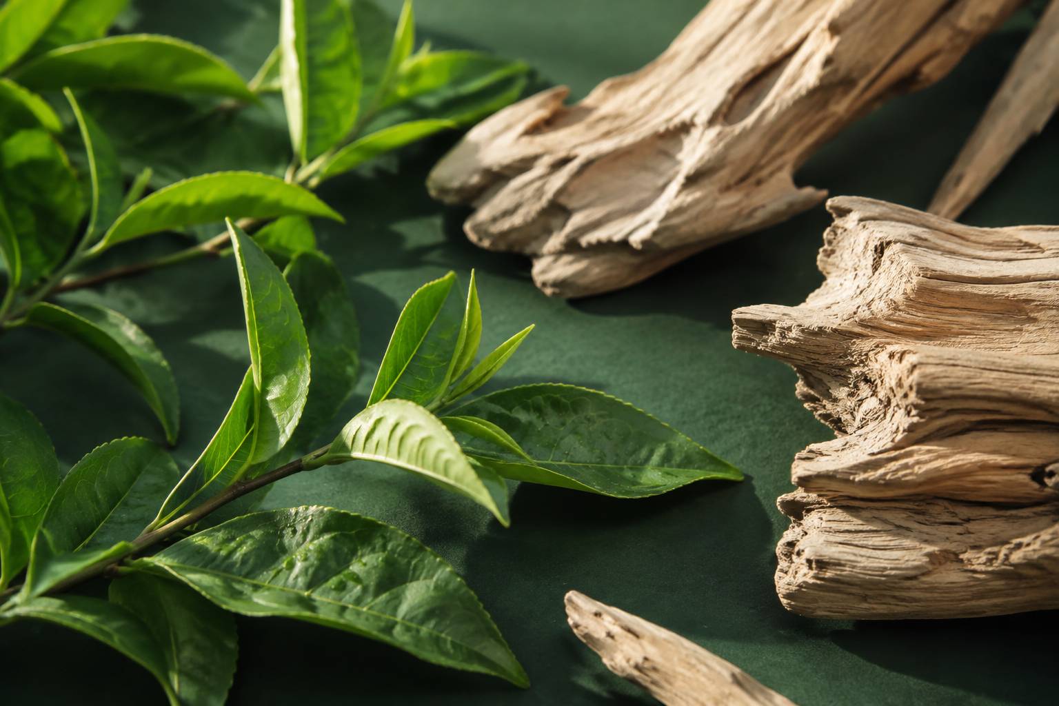 Tea leaves and natural wood in soft light